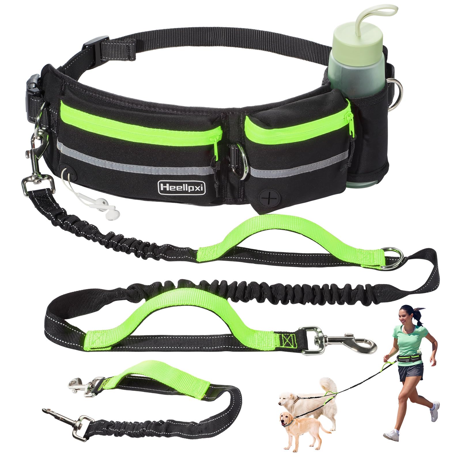 Heellpxi hands-free leash with two dogs in green enables hands-free control on walks