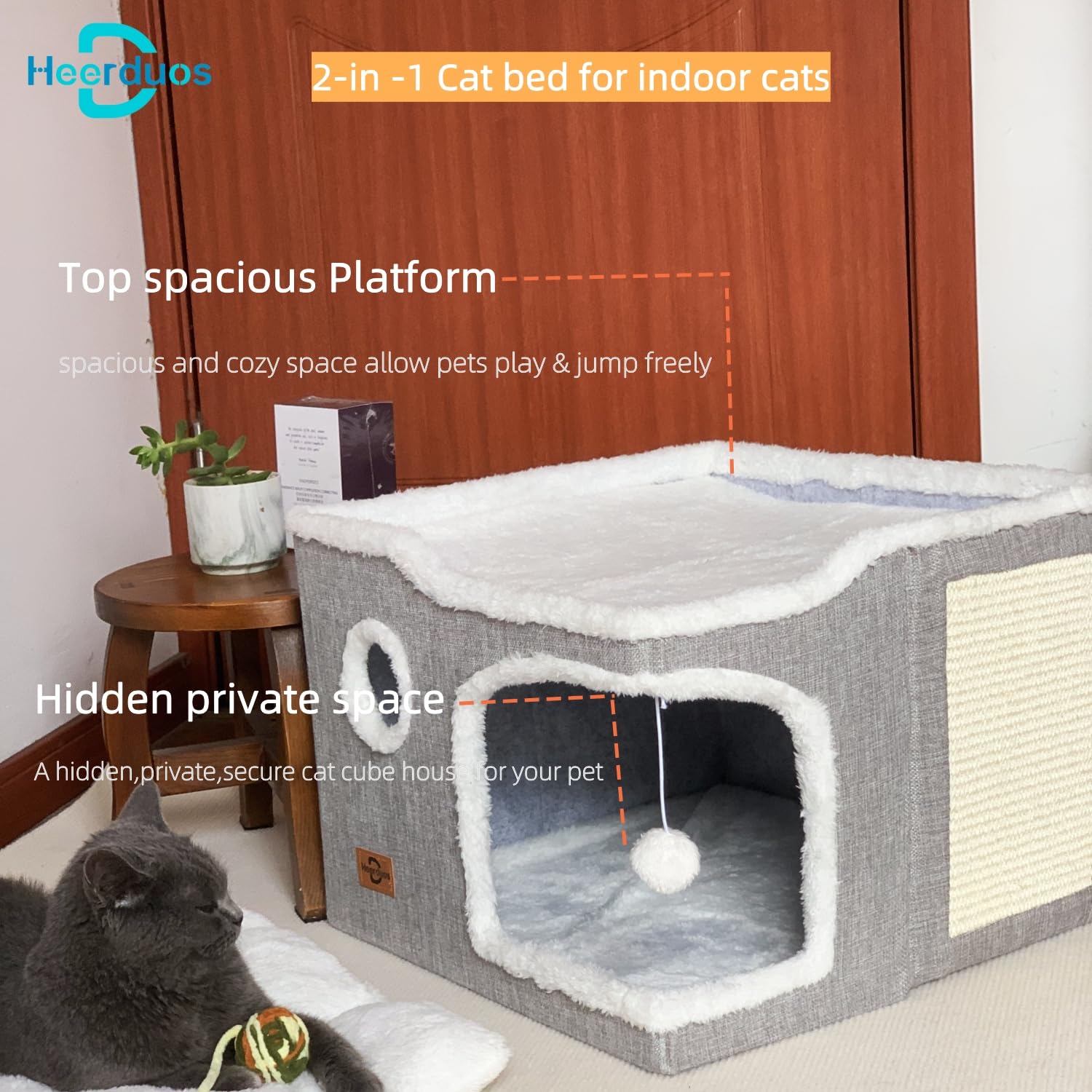Heerduos cat bed shows sisal scratching area for claws.