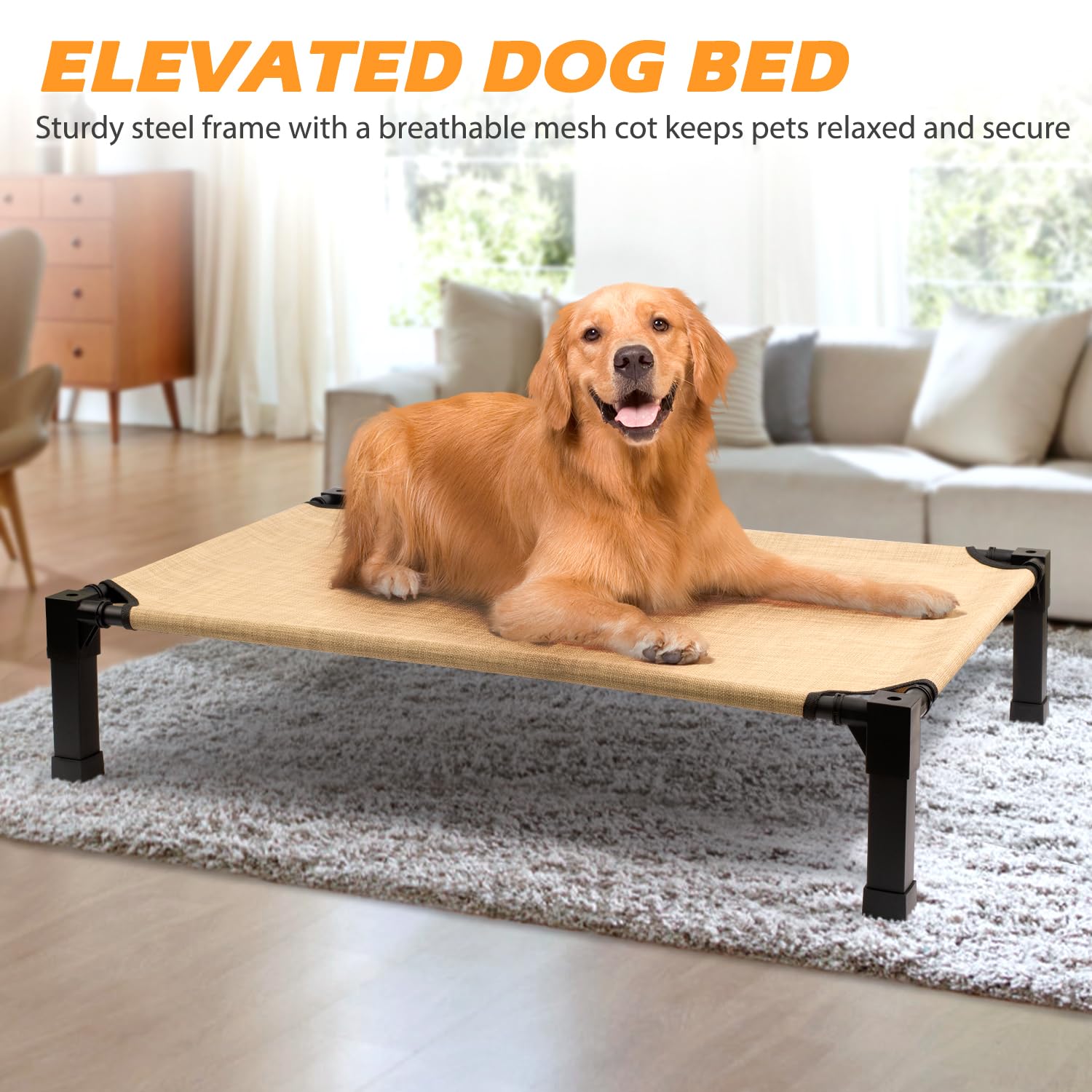 Heeyoo cooling elevated dog bed indoor setup emphasizes comfort and quick dry