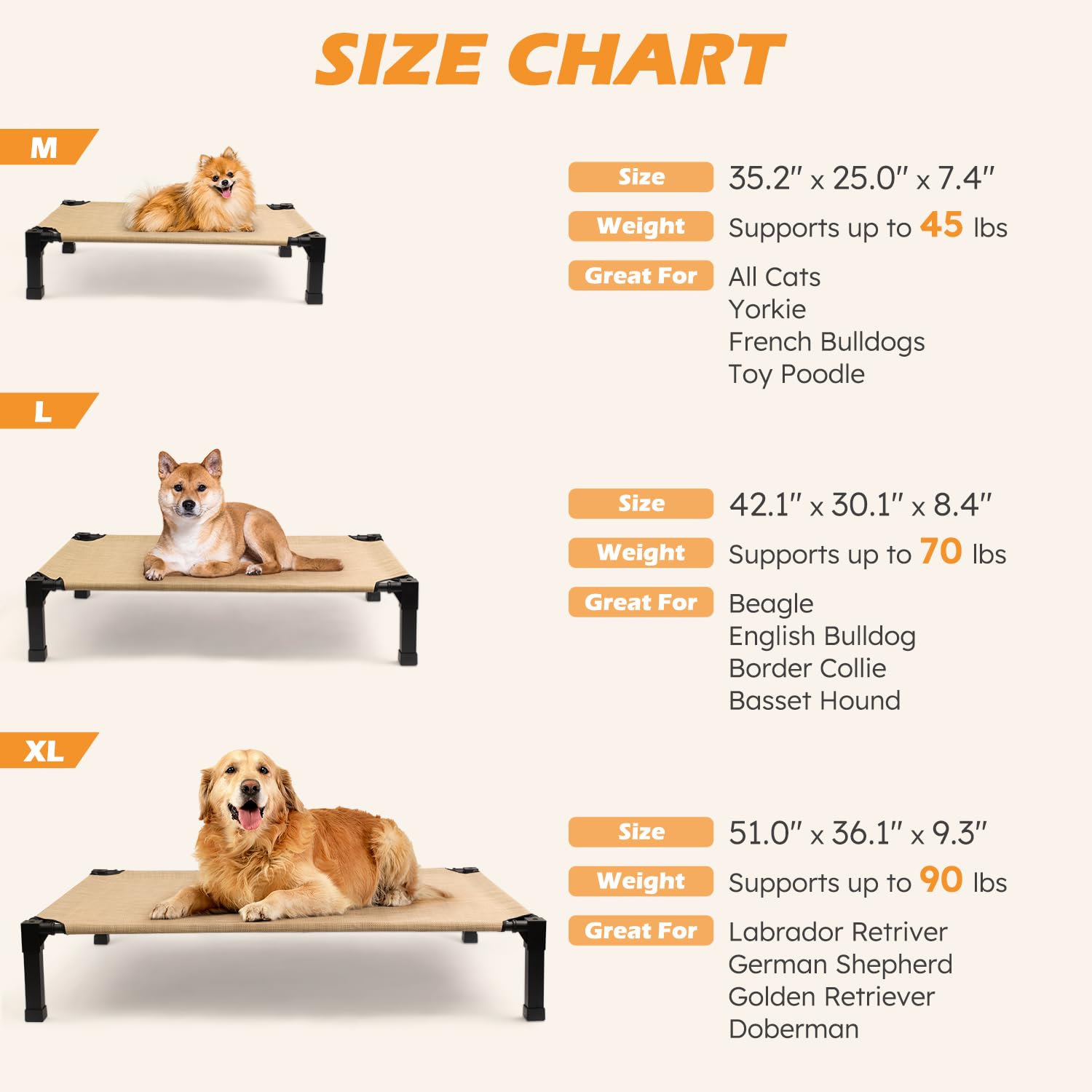 Heeyoo cooling elevated dog bed side-frame view highlights rust-resistant steel for outdoor use