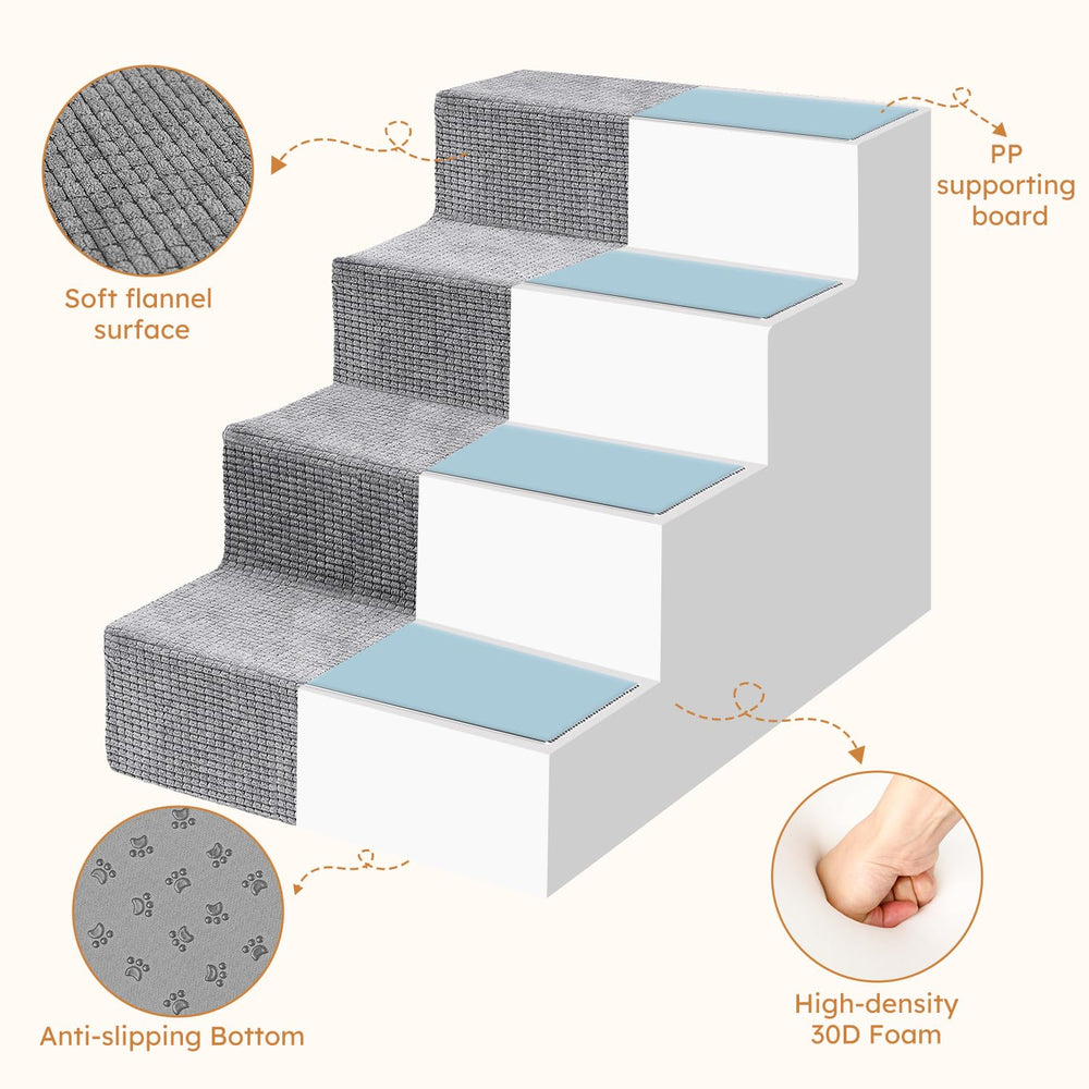 Heeyoo 4-step stairs on a bed shows 18-inch reach for tall furniture.