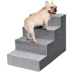 Heeyoo 4-step dog stairs side view shows sturdy 18-inch grey design for safe bed access.