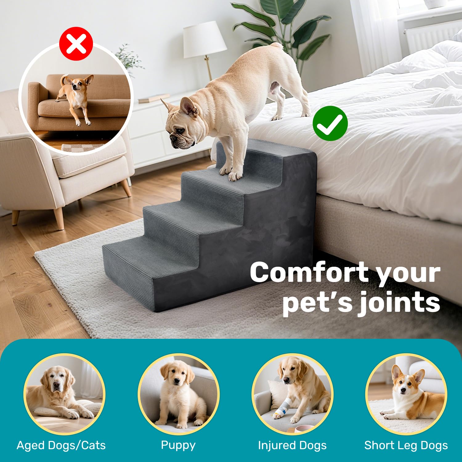 Heeyoo dog stairs-4tier-18in shows height options for low to standard beds.