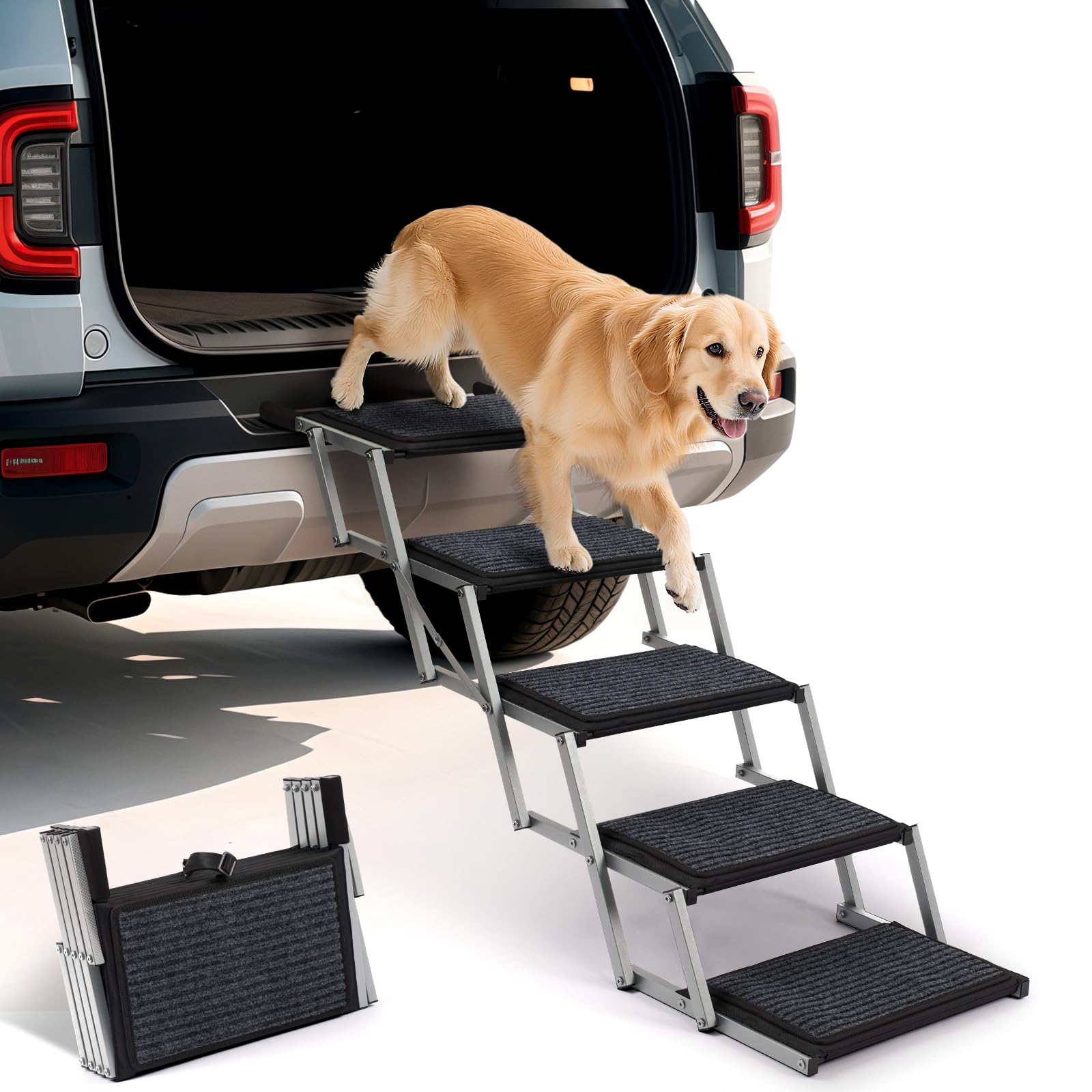 Heeyoo dog steps folded for compact trunk storage and easy transport.