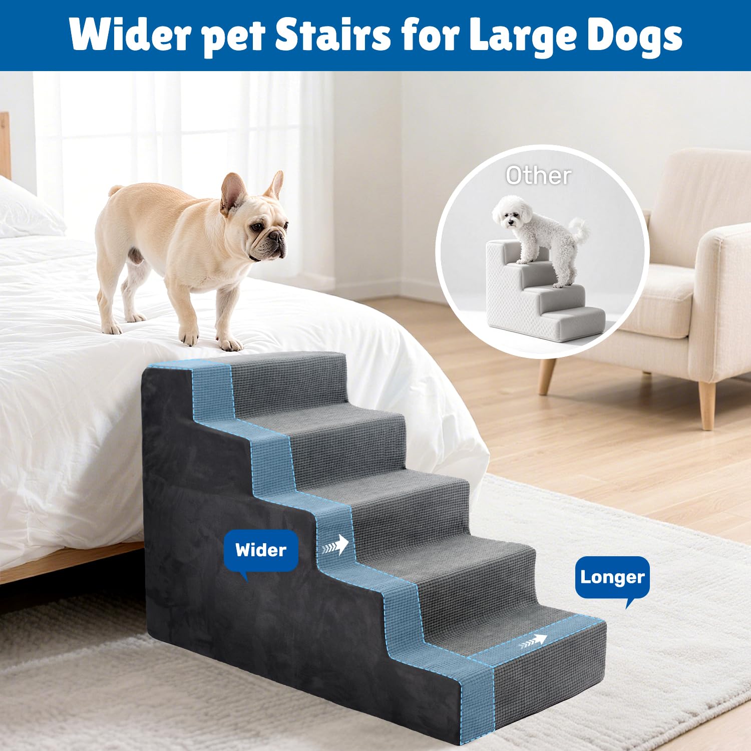 Heeyoo dog steps five-tier 23h dimensions help fit tall beds securely.