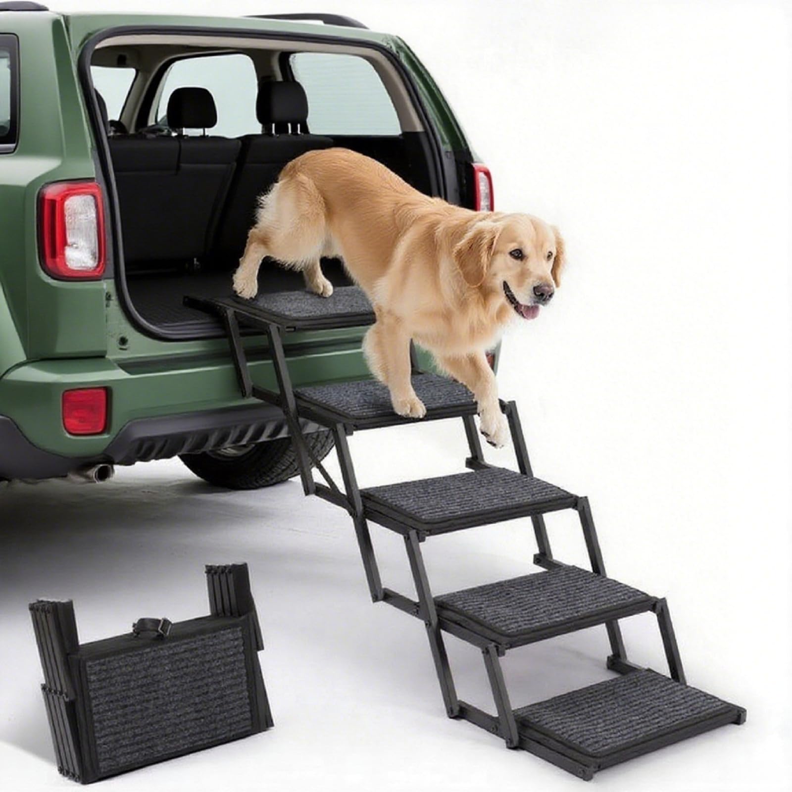 Heeyoo dog steps folded in trunk for compact storage and road trips