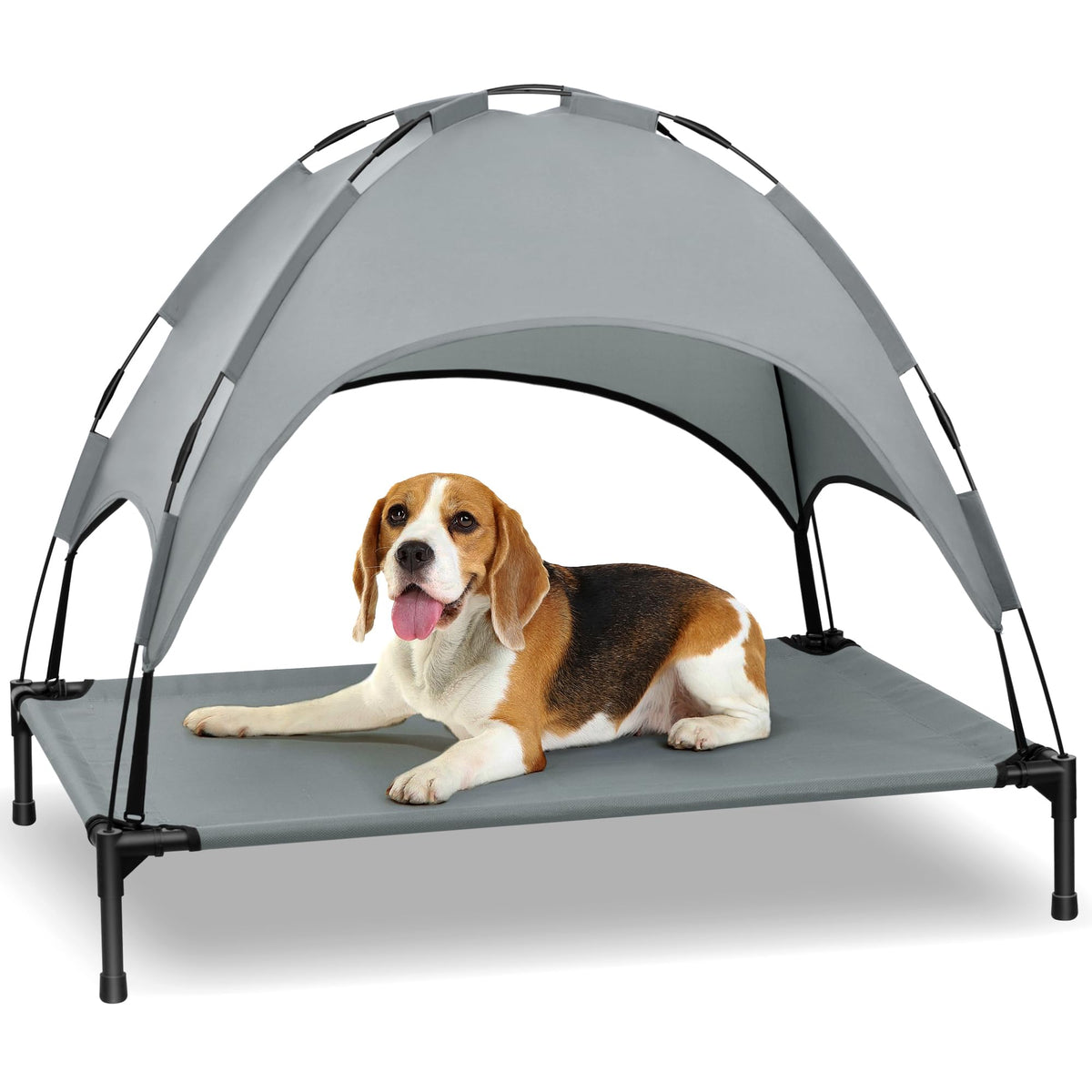 Heeyoo elevated dog bed with canopy, front view showing cooling space