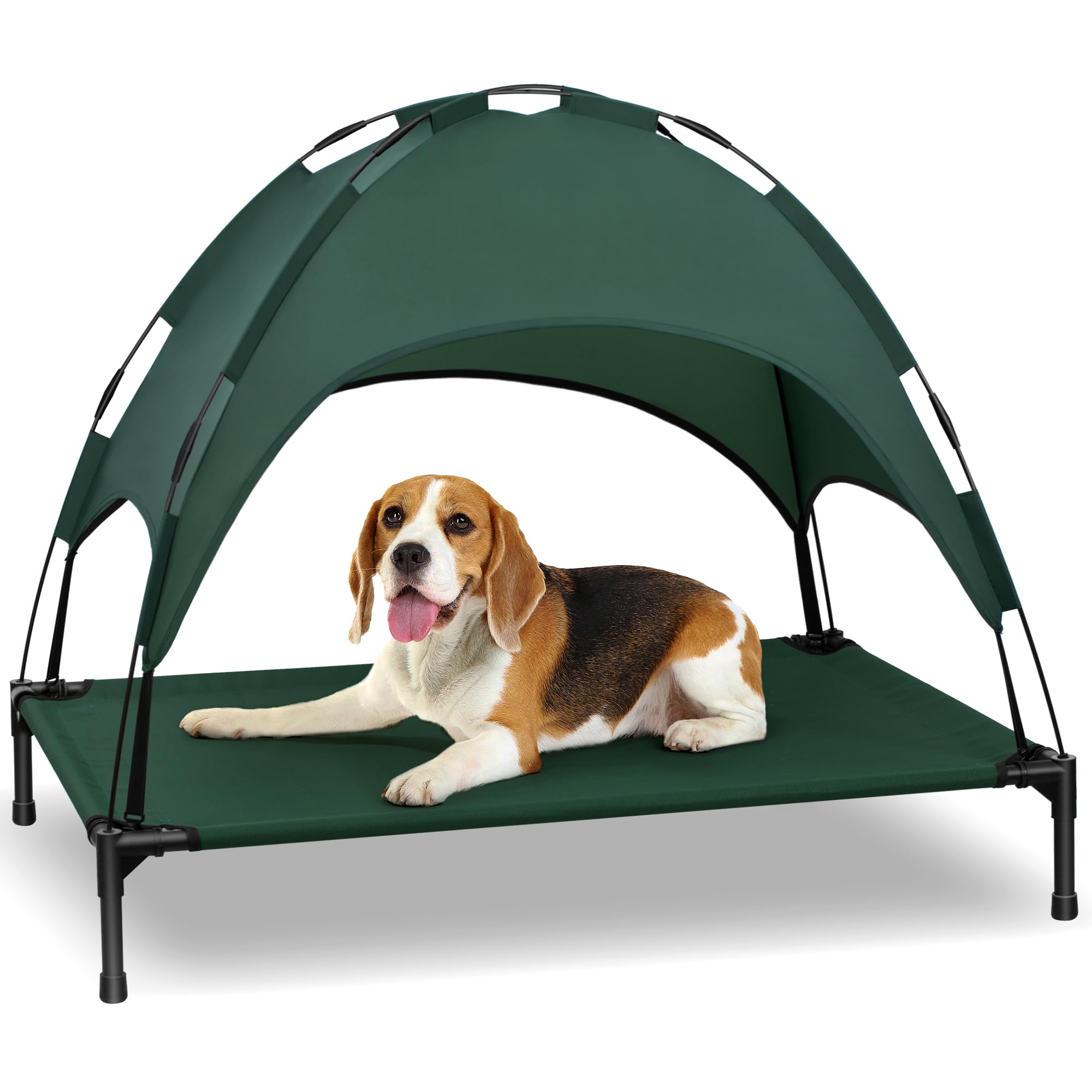 Heeyoo elevated dog bed with canopy side view highlighting airflow and shade