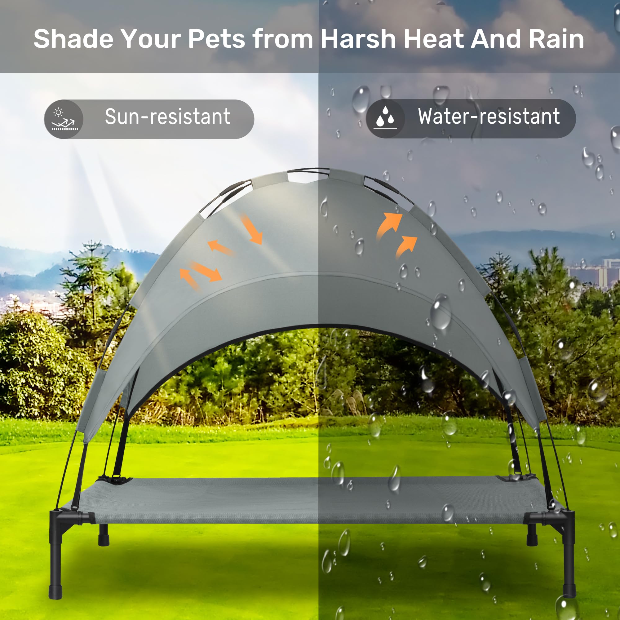 Heeyoo elevated dog bed with canopy, side view highlighting shade