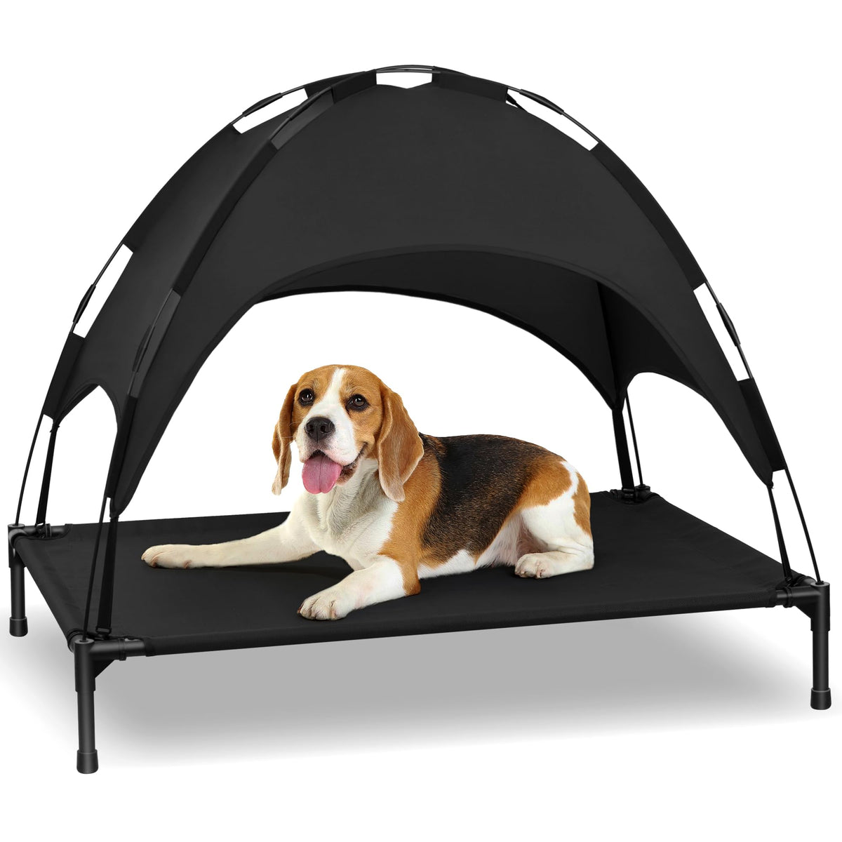 Heeyoo elevated dog bed canopy provides shade and cooling for outdoor lounging.