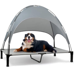 Heeyoo elevated dog bed with canopy offers cooling shade for sunny outdoor sessions.