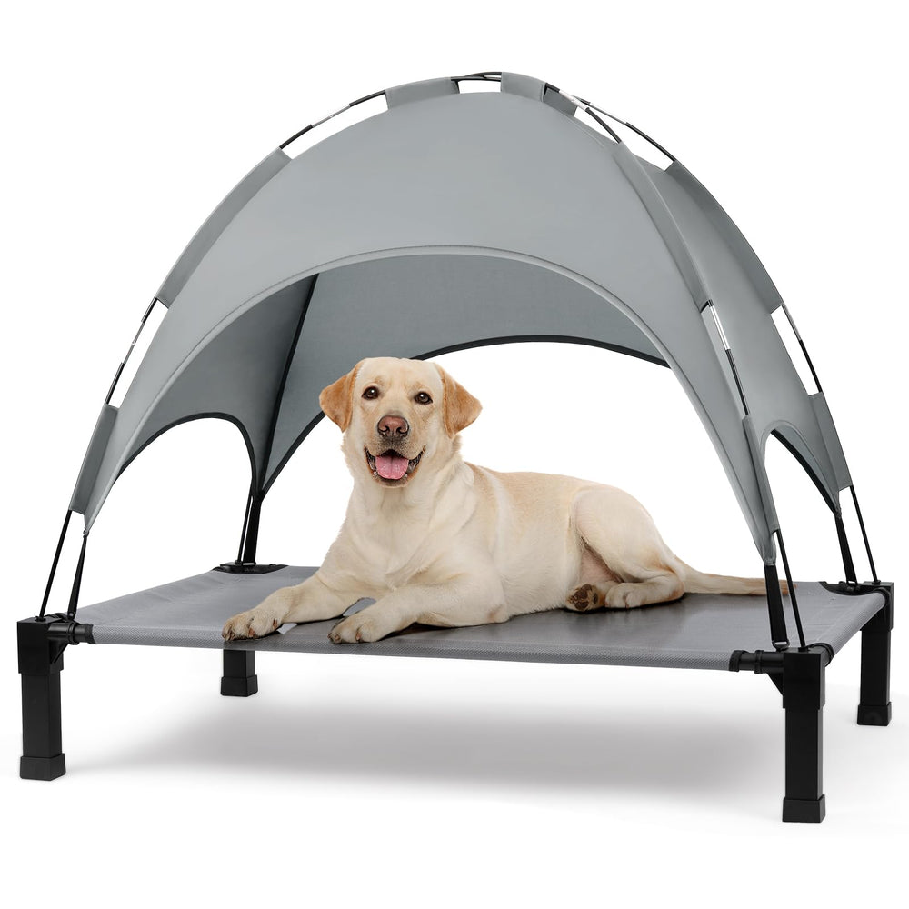 Heeyoo elevated dog bed with canopy for outdoor cooling and comfort.