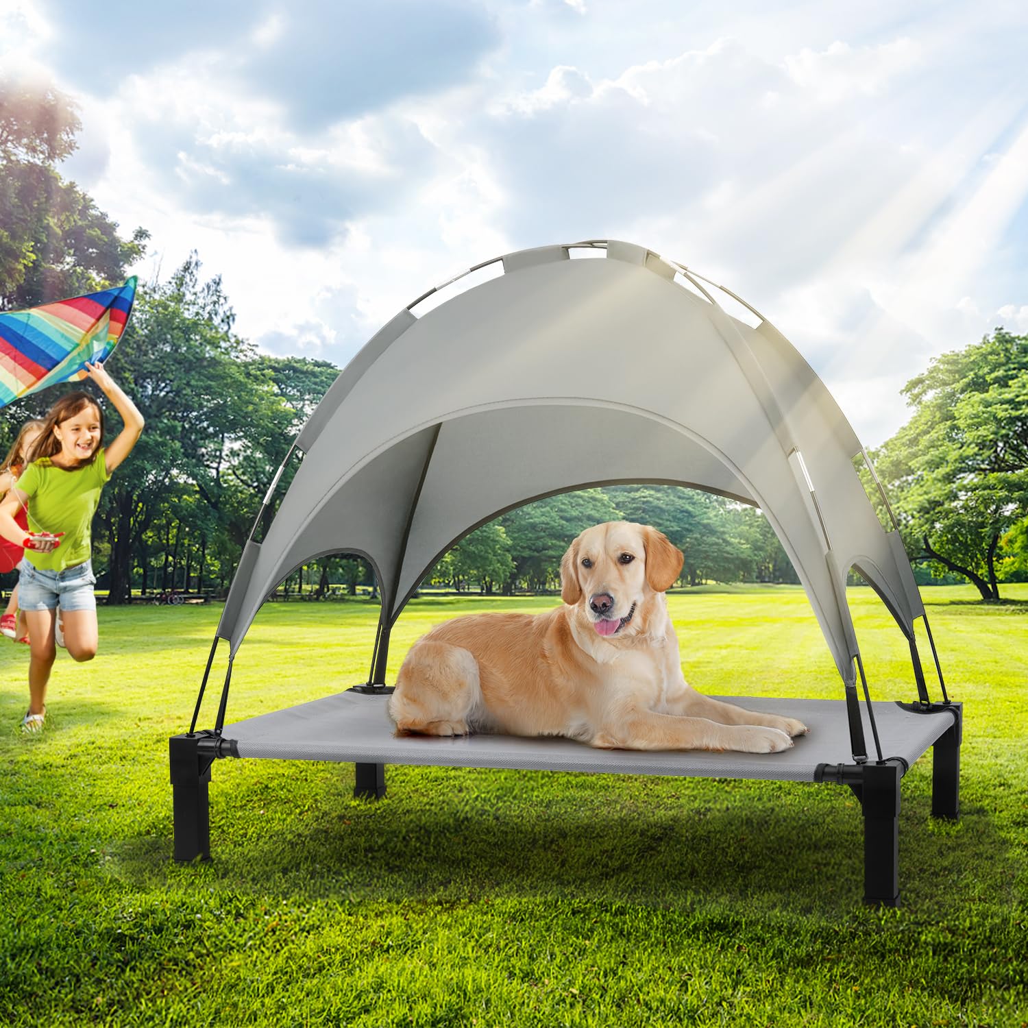 Heeyoo grey elevated pet bed ideal for camping.