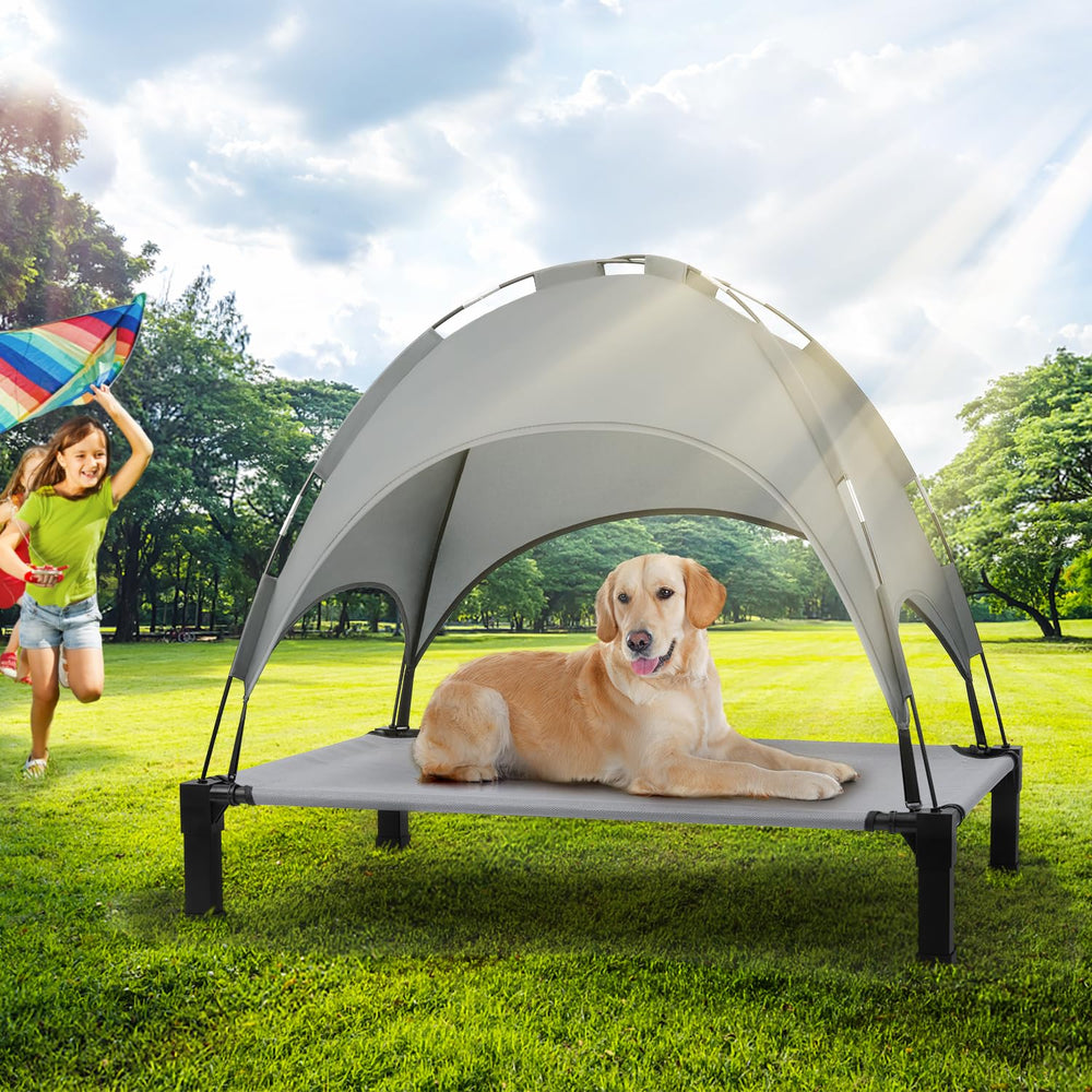 Heeyoo grey elevated pet bed ideal for camping.