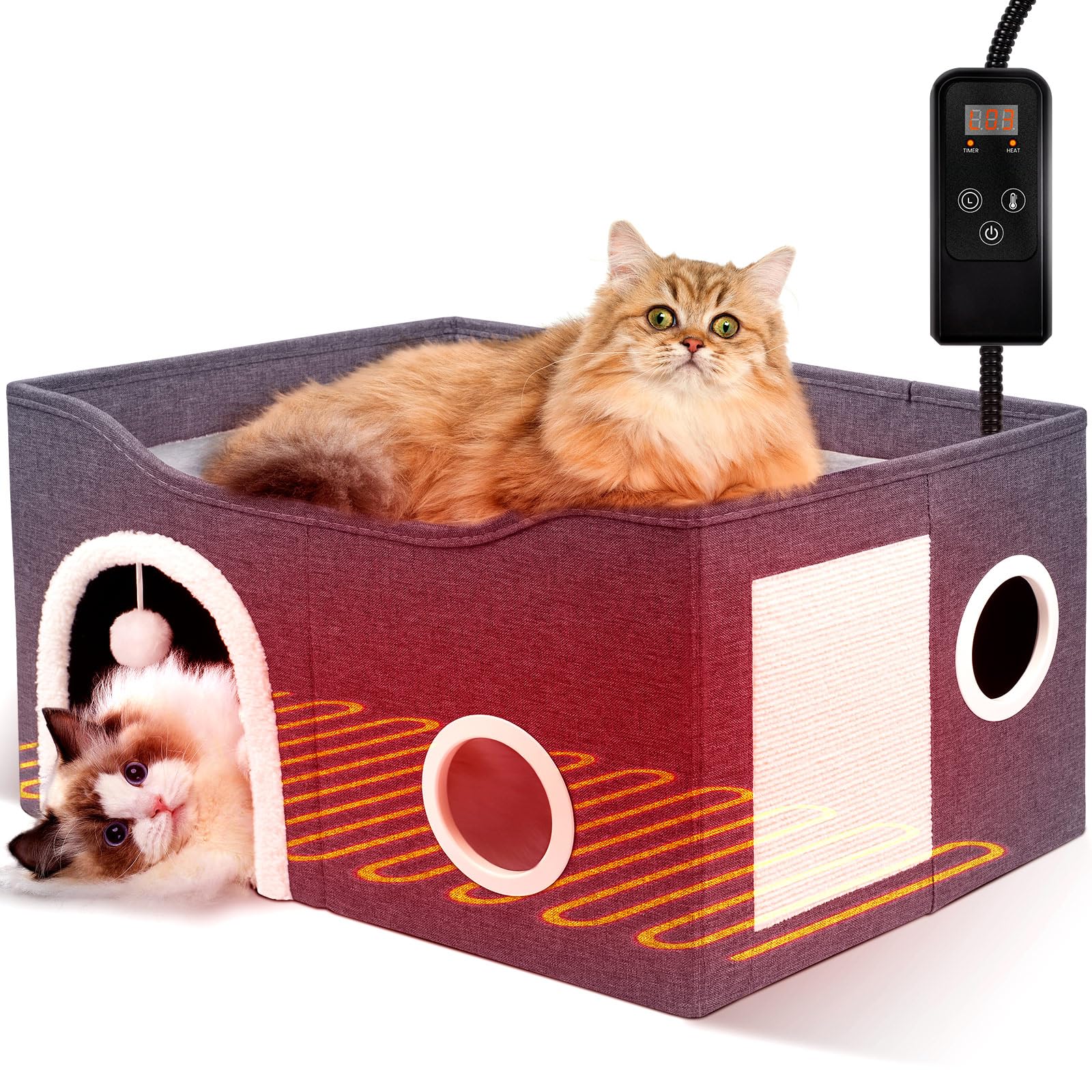 Heeyoo Indoor Heated Cat House front view highlights cozy cave for large cats