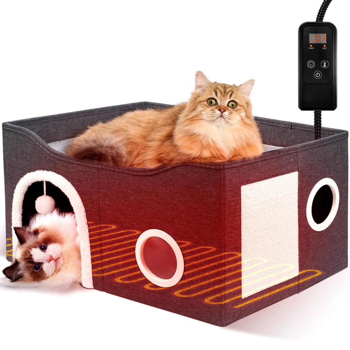 Heeyoo Indoor Heated Cat House front-view shows cozy winter warmth for a cat