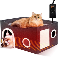 Heeyoo Indoor Heated Cat House front-view shows cozy winter warmth for a cat