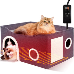 Heeyoo Indoor Heated Cat House front view highlights cozy cave for large cats