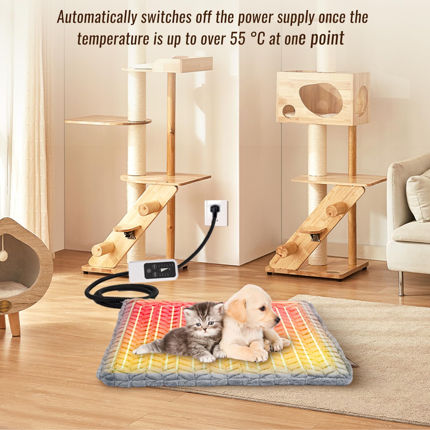 Heeyoo Pet Heating Pad removable plush cover shows easy machine washing care.