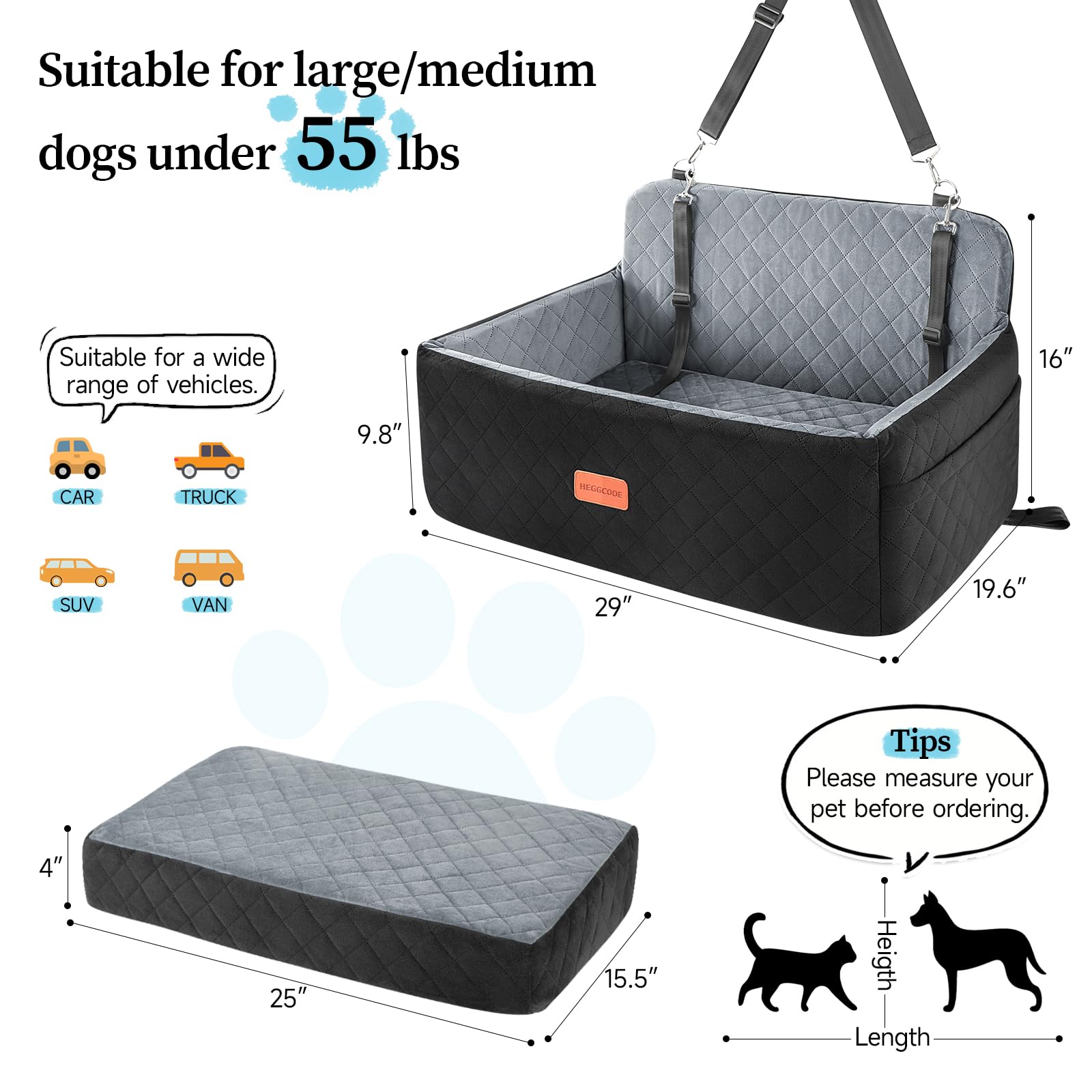 HEGGCOOE dog car seat uses egg-crate foam for comfort