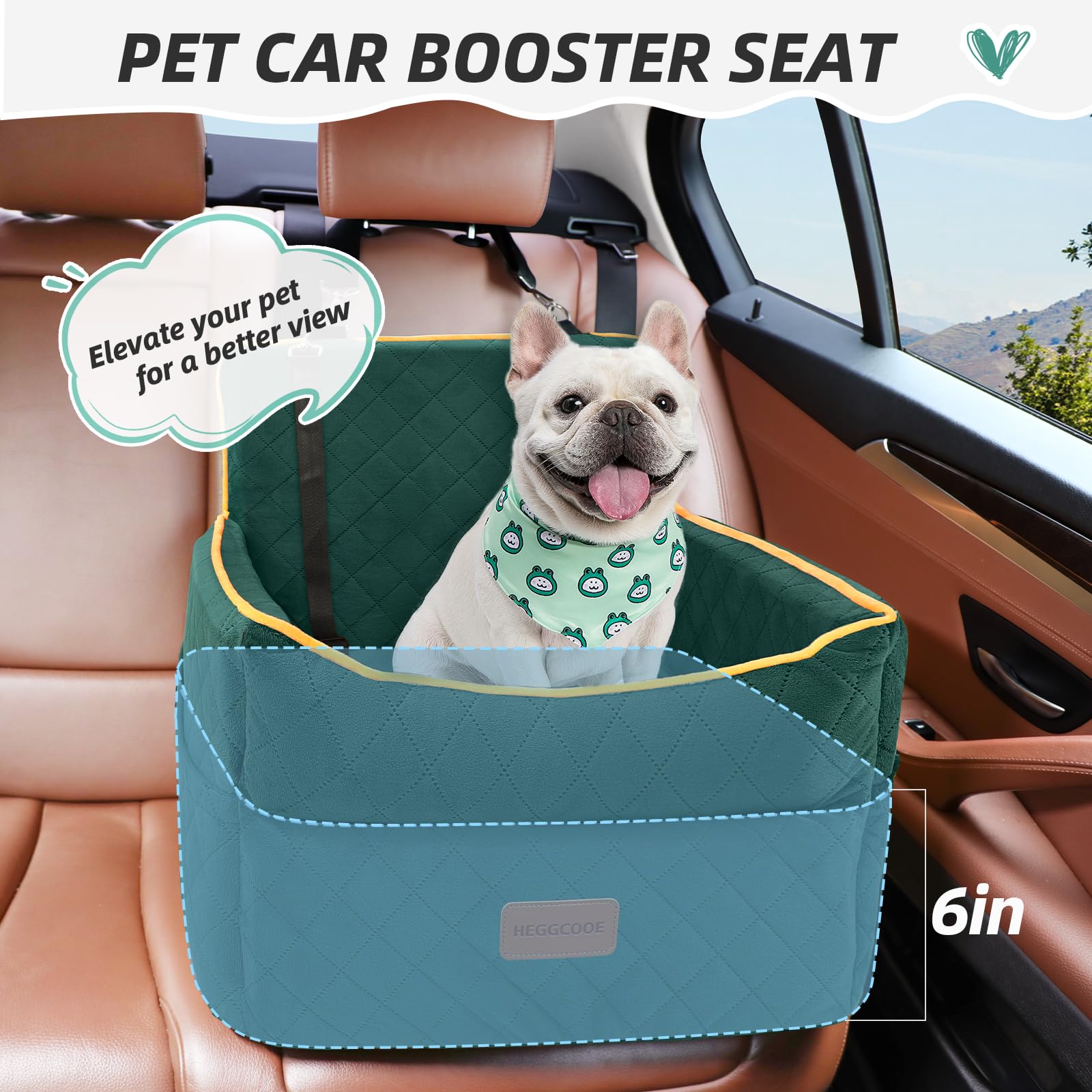 HEGGCOOE dog car seat elevated view highlights six-inch lift reducing travel anxiety.