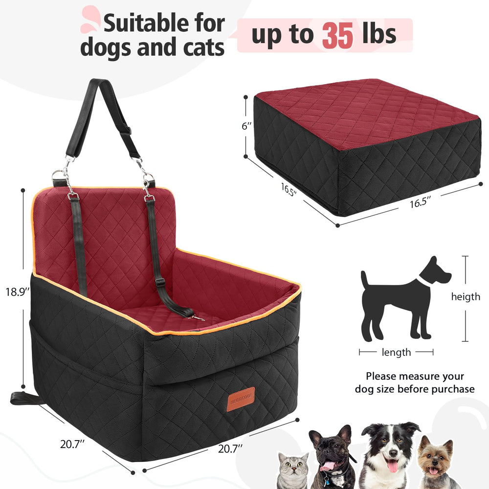 HEGGCOOE dog car seat with two safety belts and storage pockets ensures secure, tidy travel.