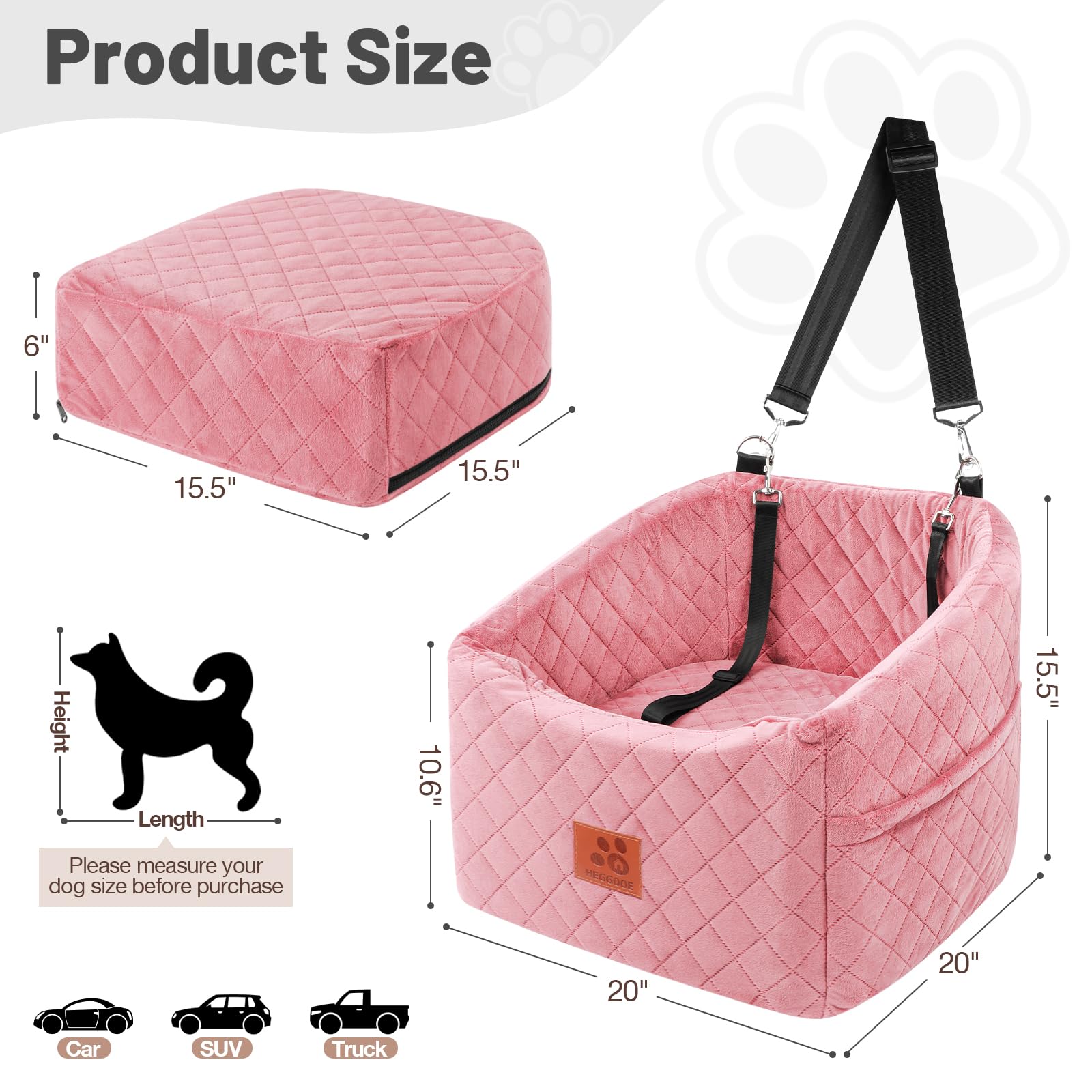 HEGGOOE dog car seat side view highlights non-slip base and secure harness hook.