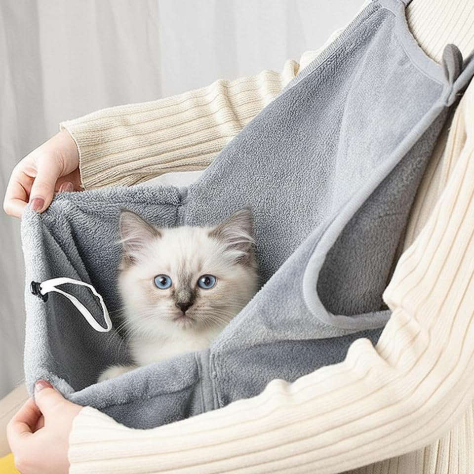 HeiheiTom cat apron carrier dimensions graphic illustrates generous sizing for small cats.