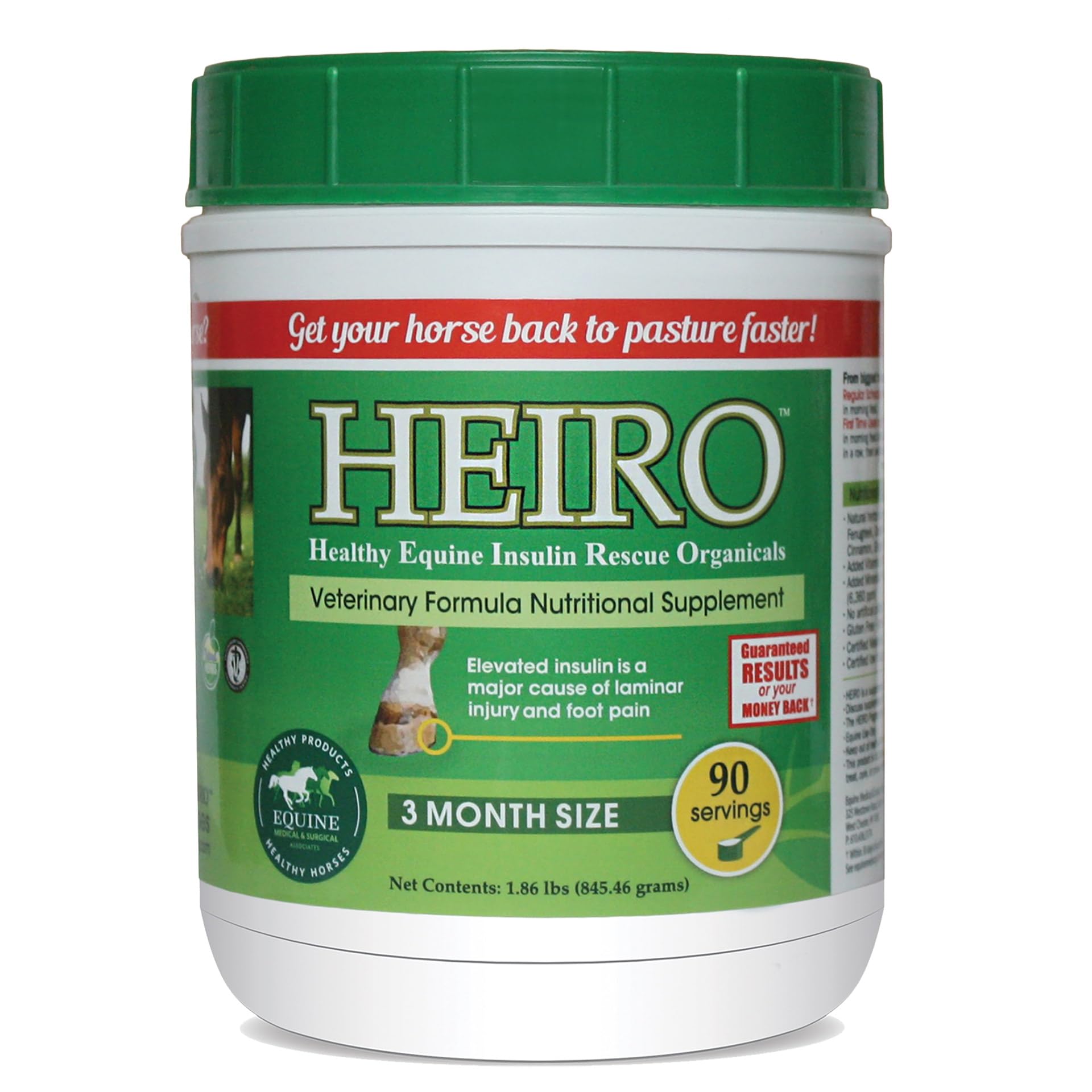 Heiro 90 servings bottle demonstrates powder blend aiding equine foot comfort and metabolic balance