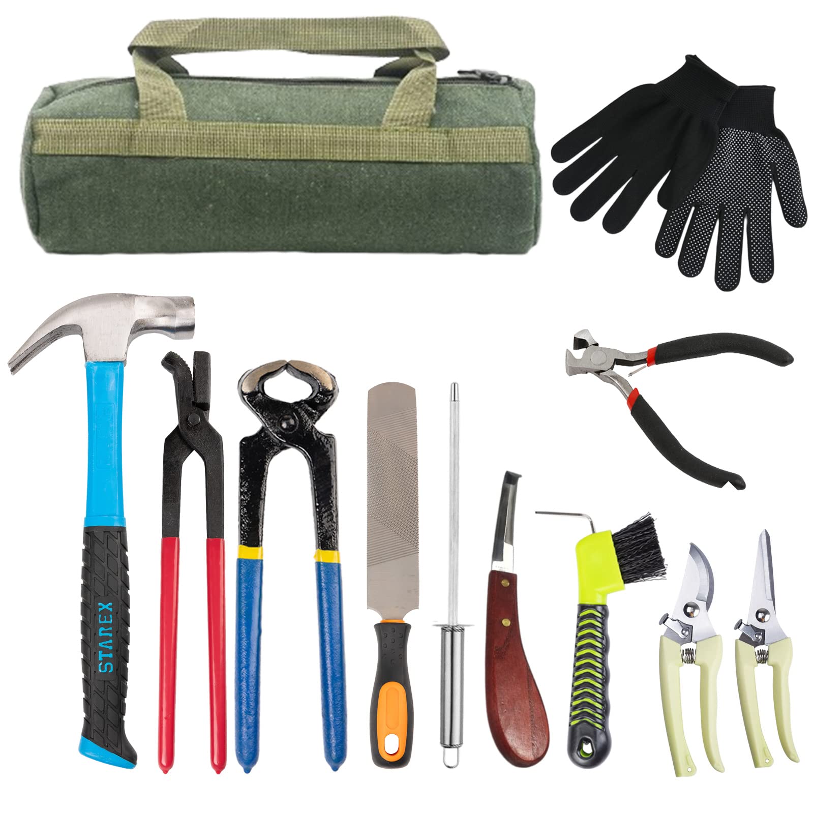 HEJKFVCL farrier tools kit assembled for quick hoof care across multiple animals
