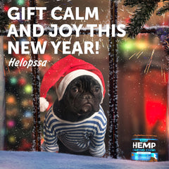 Helopssa Hemp Calming Chews chicken bag label highlights natural ingredients for pet comfort.