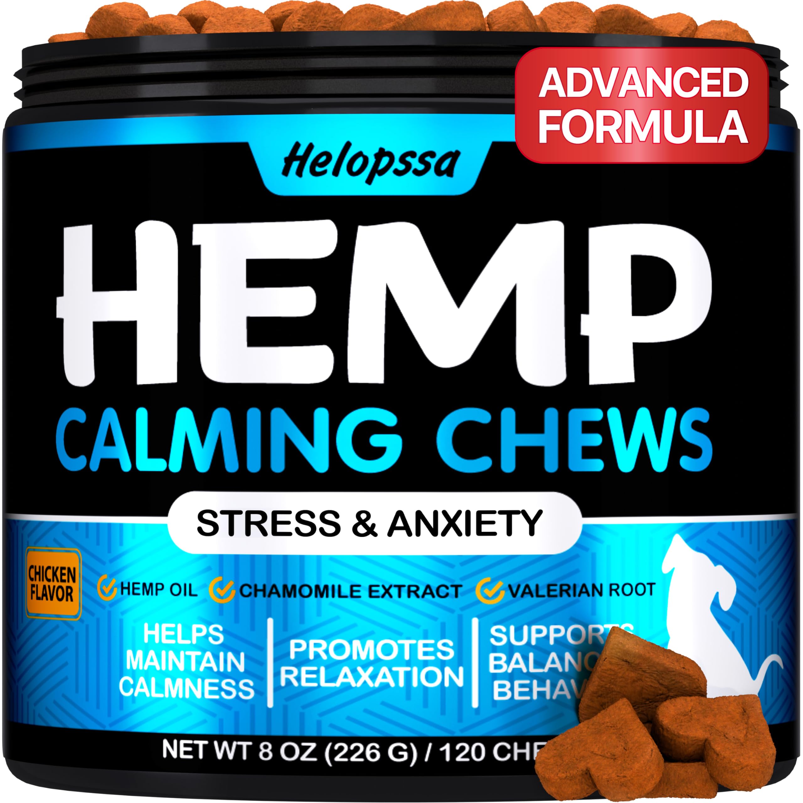 Helopssa Hemp Calming Chews chicken bottle front offers calming support for anxious dogs.