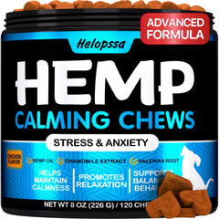 Helopssa Hemp Calming Chews chicken bottle front offers calming support for anxious dogs.