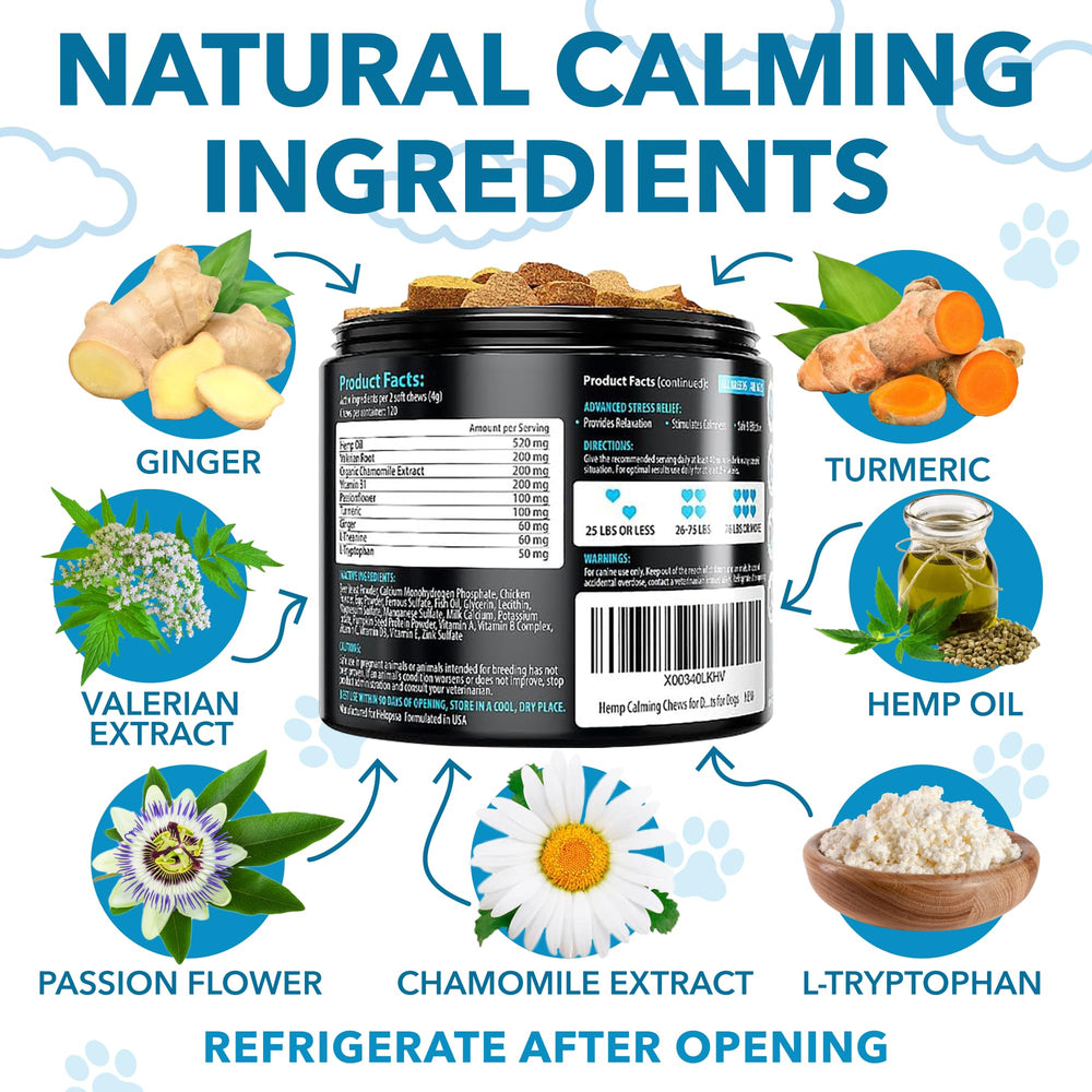Helopssa Hemp Calming Chews close-up shows valerian and L-Tryptophan for gentle stress relief.