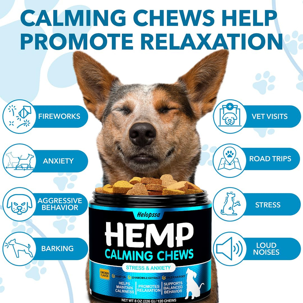 Helopssa Hemp Calming Chews chicken treats close-up with soft texture for anxious dogs.