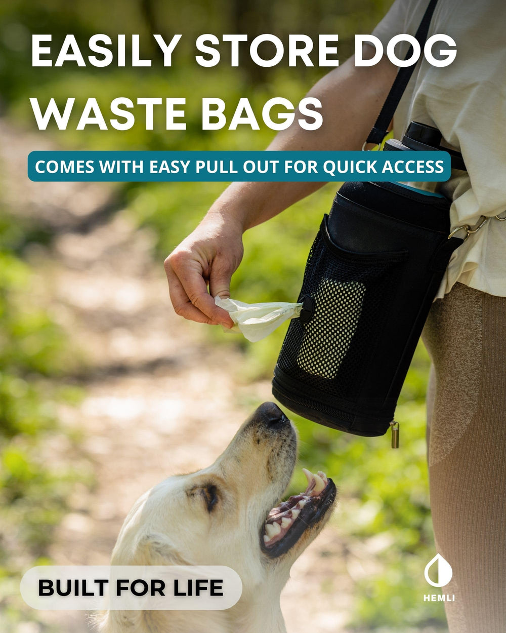 Hemli dog waste bags mesh pocket image demonstrates handy storage during walks.