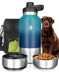 Hemli dog water bottle 32oz front view showing insulated stainless steel for all-day hydration.