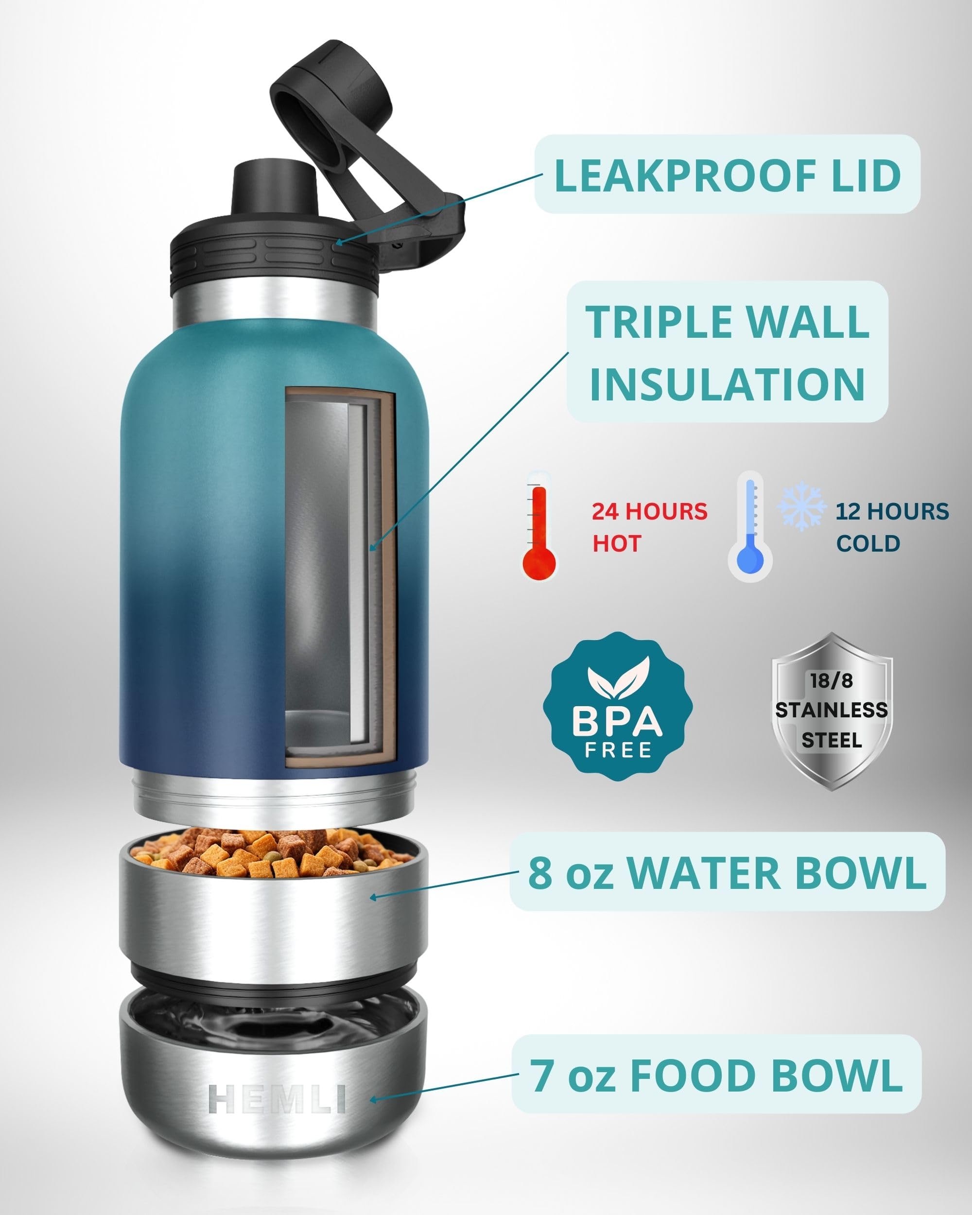 Hemli dog water bottle 32oz side view with carrying case highlighting easy walking setup.