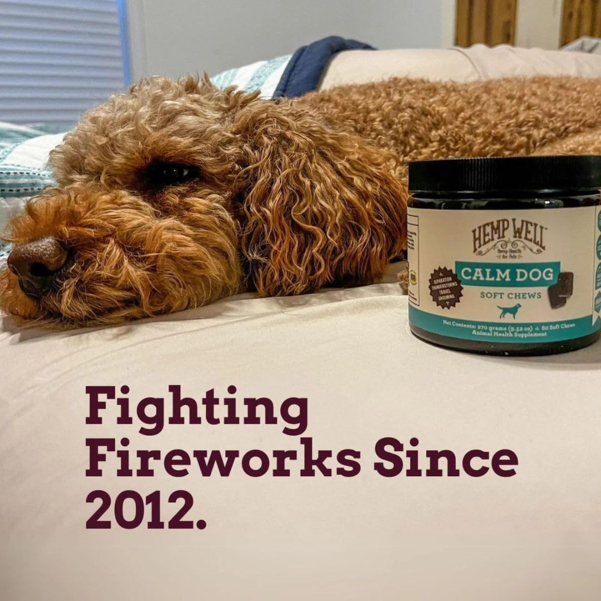 Hemp Well Calm Dog Soft Chews melatonin ingredient highlighted for calming evenings.