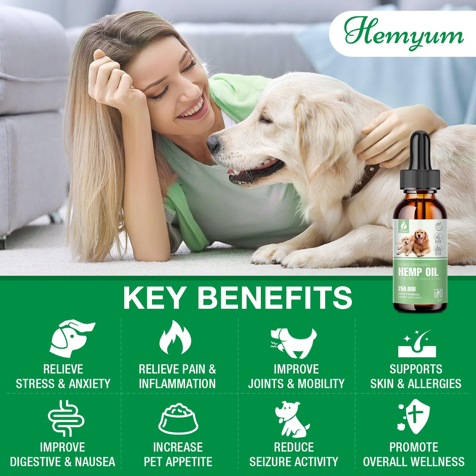 Hemyum Pet Hemp Oil dog serving showing easy feeding method for joint comfort