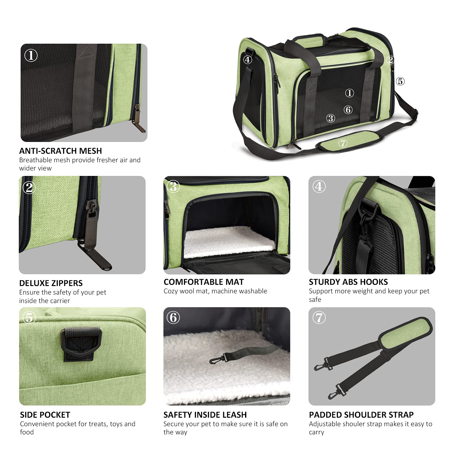 Henkelion large cat carrier green mesh-sides provide ventilation and visibility.