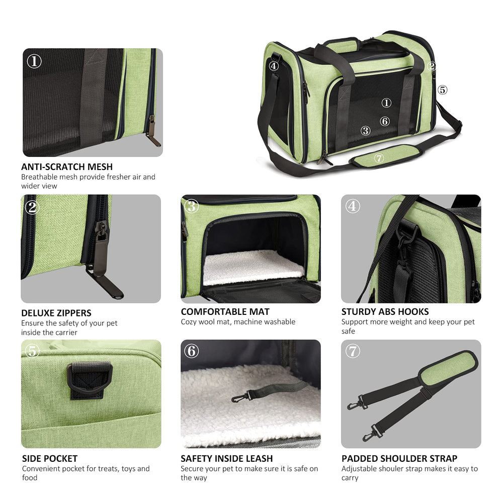 Henkelion large cat carrier green mesh-sides provide ventilation and visibility.