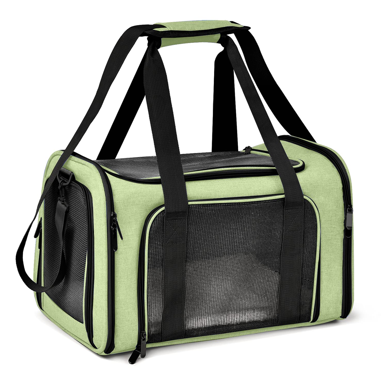 Henkelion large cat carrier green outer view shows soft-sided construction for daily travel.