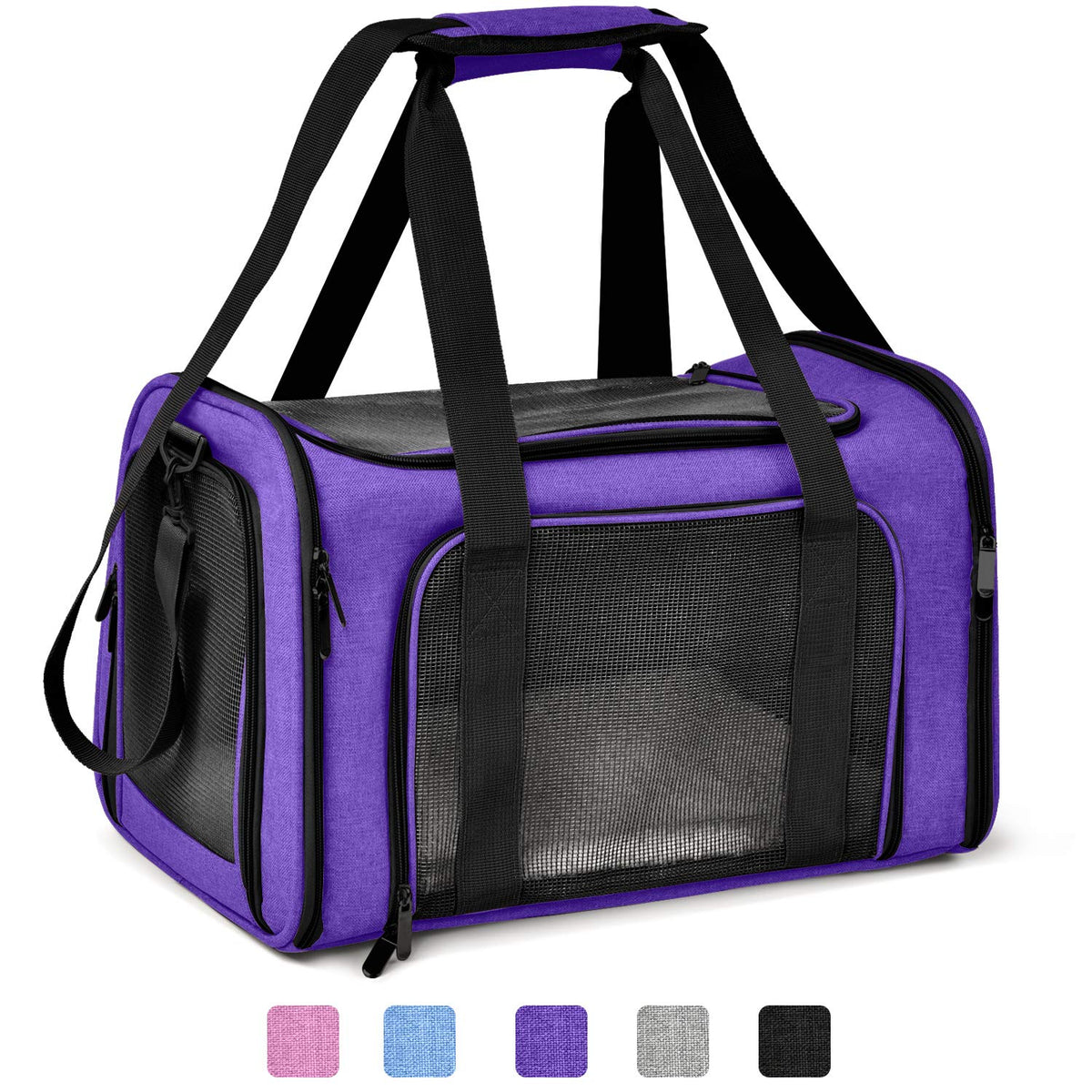 Henkelion large cat carrier purple front view highlights breathable mesh for comfortable travel.