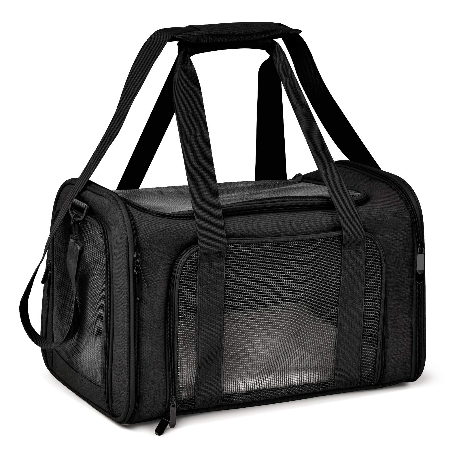 Henkelion large soft-sided cat carrier opened to show mesh panels for visibility and airflow