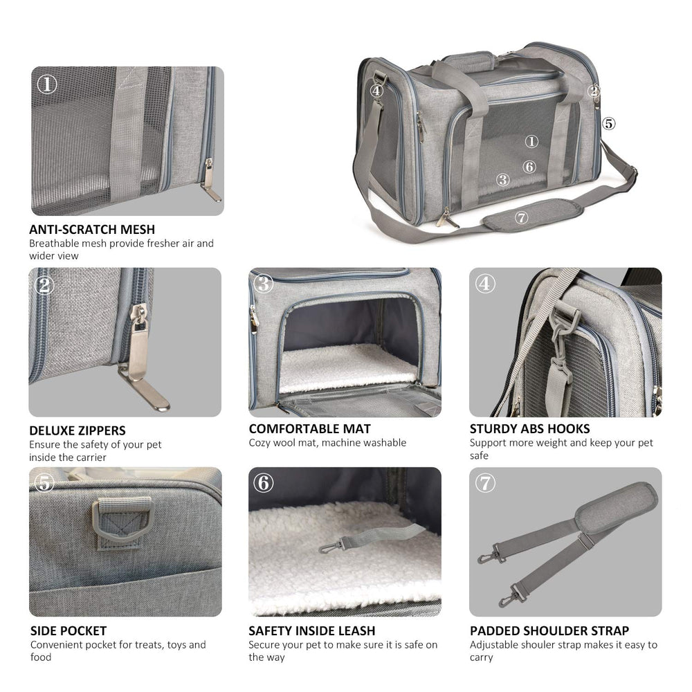 Henkelion large soft-sided pet carrier gray four-side mesh close-up for visibility.