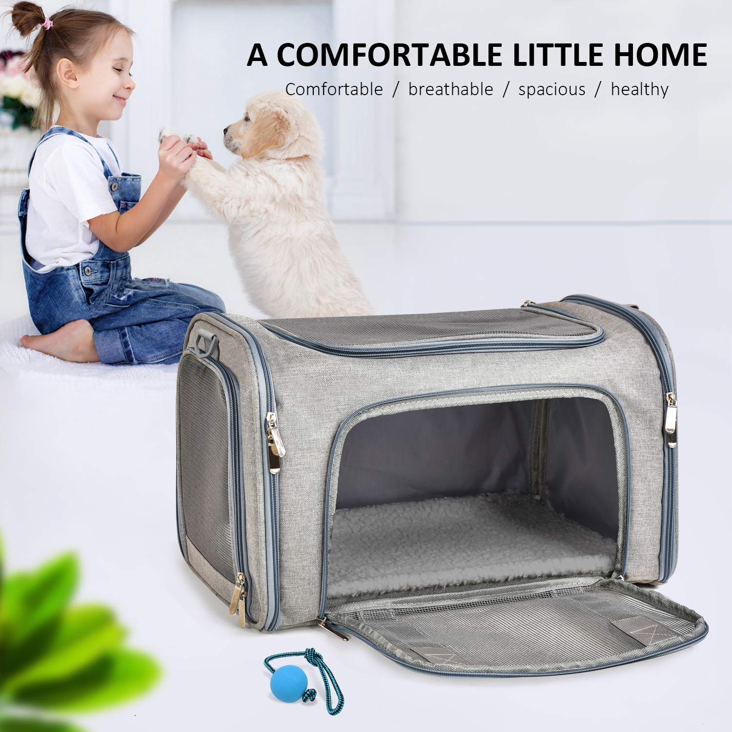 Henkelion large soft-sided pet carrier gray neatly stowed for storage after use.