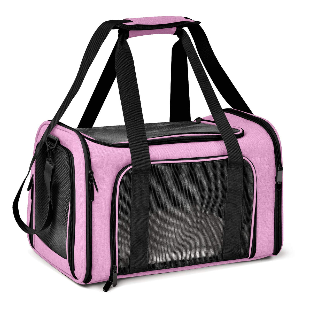 Henkelion airline-approved pet carrier in pink, ready for air travel with small pets.