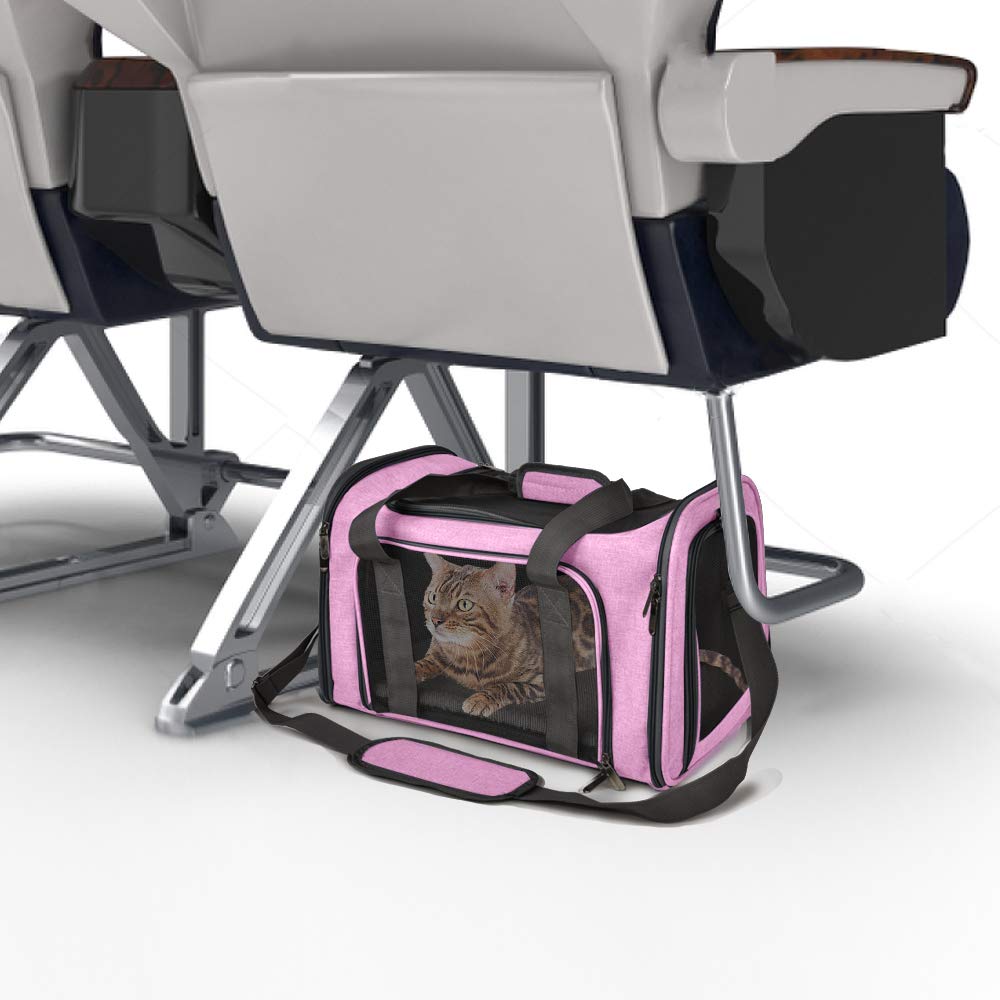 Henkelion pet carrier with mesh-side panels for airflow and pet visibility.