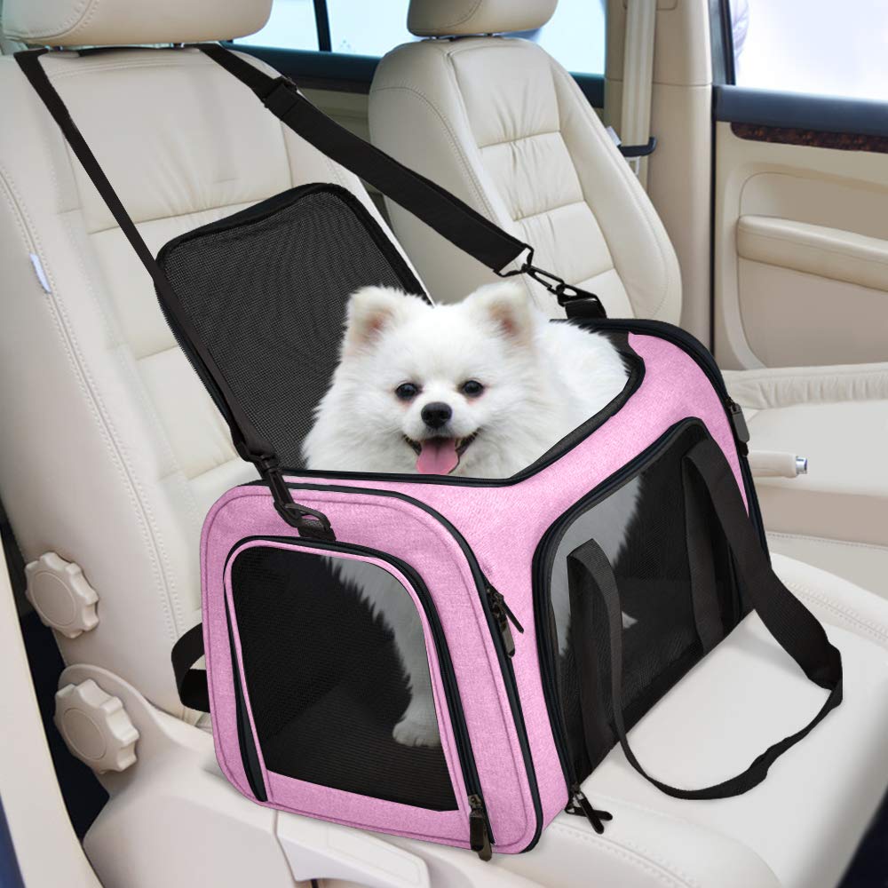 Henkelion pet carrier with adjustable safety strap for secure transport.